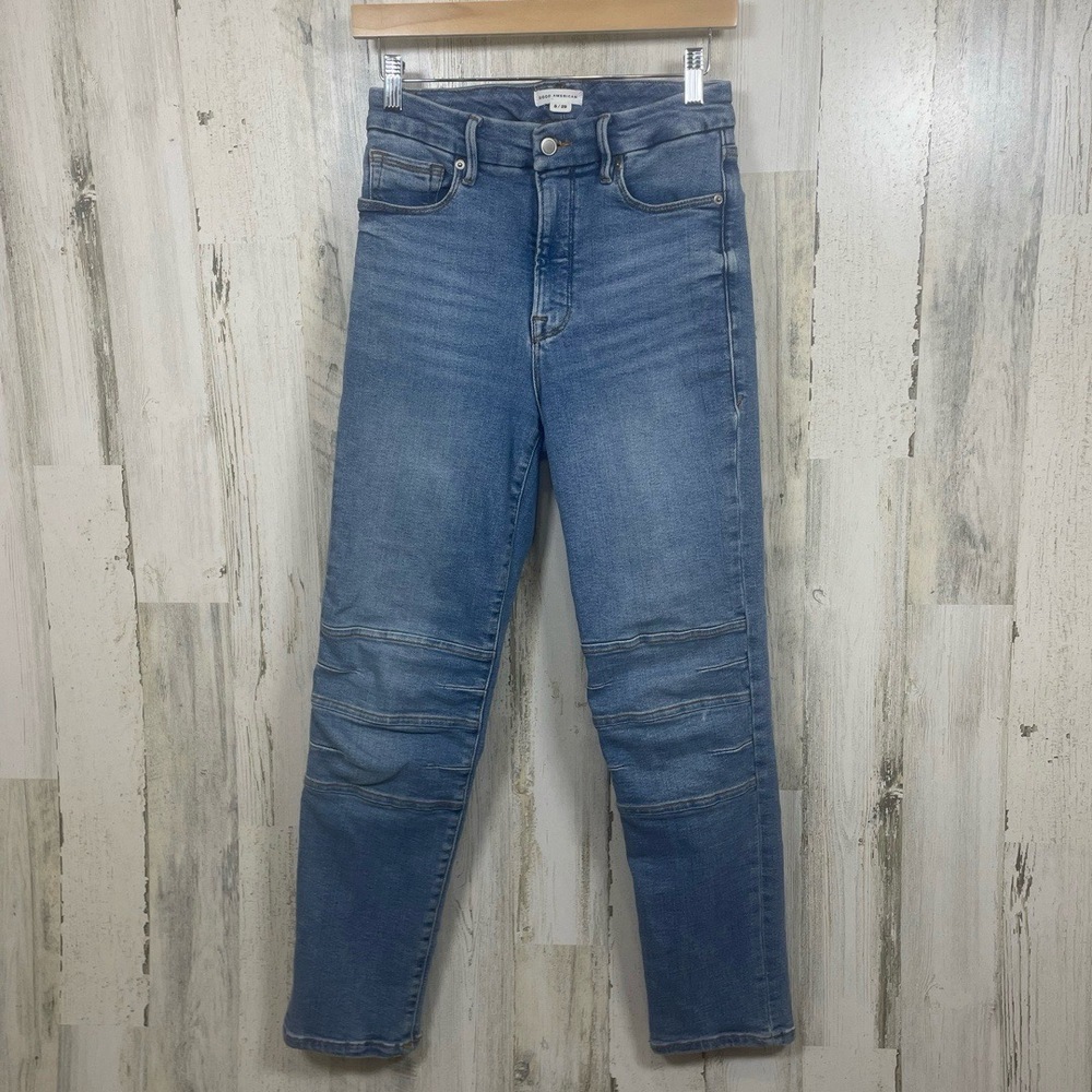 Good American Slim Moto Pant Jeans size 8/29 Indigo High Waist Stretch